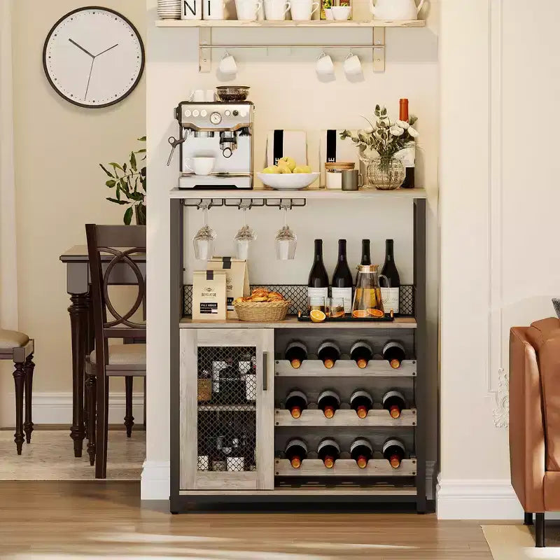 3-Tier Wine Bar Cabinet with Adjustable Wine Rack & Glass Holder, Modern Storage Buffet with Lockable Door