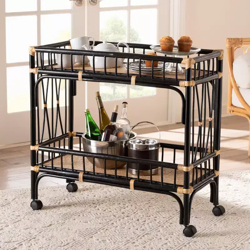 Bohemian Two-Tone Black and Natural Brown Rattan 2-Tier Kitchen Cart