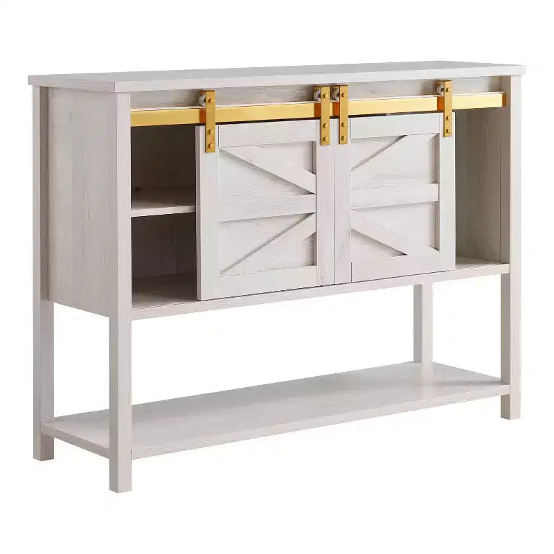 47 Quailridge Farmhouse 4 Shelf Buffet with Barn Doors White Oak - miBasics: Engineered Wood, Adjustable Storage