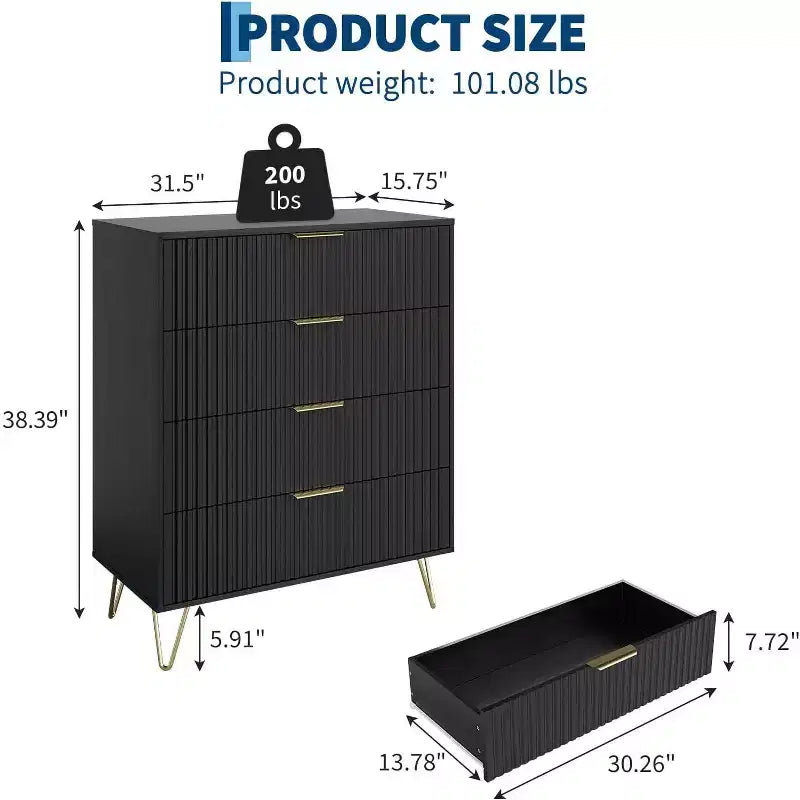Fluted 4-Drawer Dresser for Bedroom, 32 Wide Modern Minimalist Chest of Wooden Drawers,Wide Clothes Storage Organizer,Closet Dresser