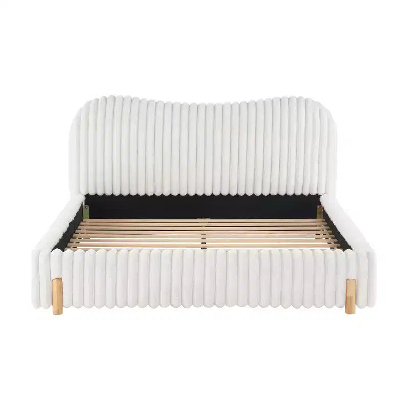 Christopher Knight Home Merrill Boucle Upholstered Platform Bed with Wavy Headboard and Vertical Stitching, White