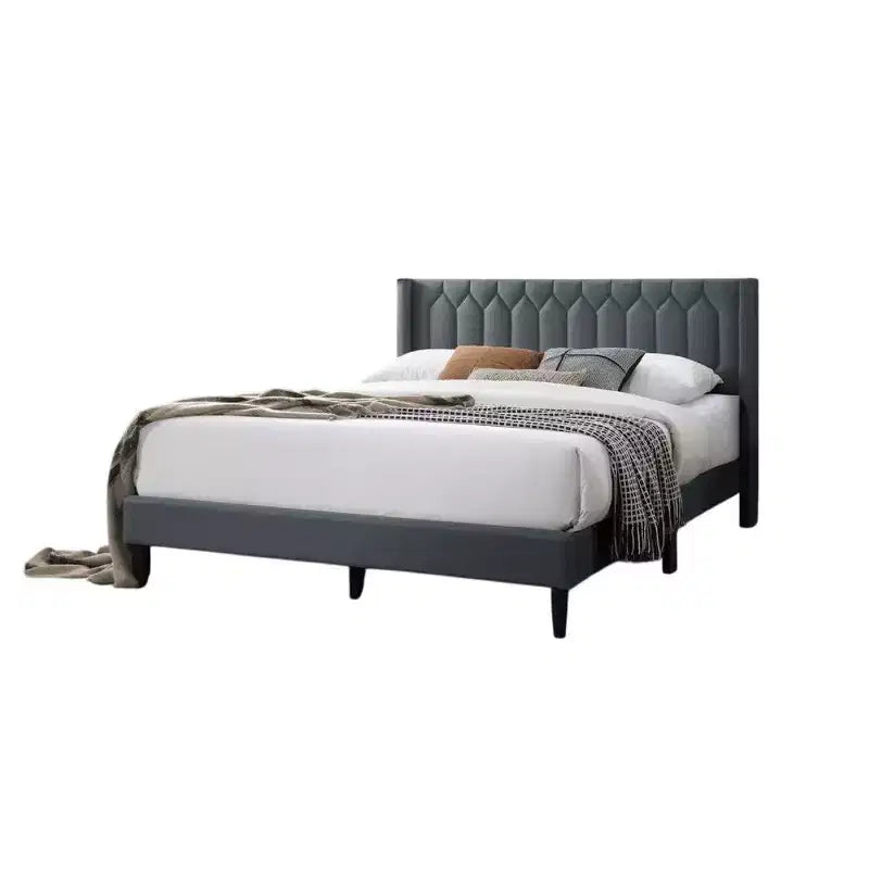 Queen Size Bed with Geometric Stitched Charcoal Gray Burlap Upholstery, Platform Bed