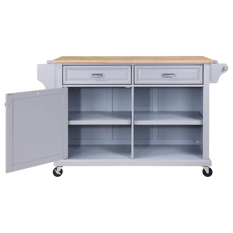 Grey Rolling Kitchen Island Cart with Natural Wood Top Drawers Cabinets and Spice Rack