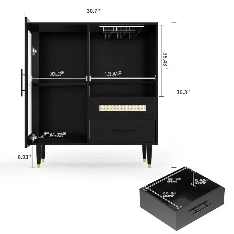 30.7 Coffee Bar Cabinet with Tempered-Glass Door, 3-Row Wine-Glass Rack, Bottle & Drawer Storage, Buffet Sideboard for Dining Room & Kitchen