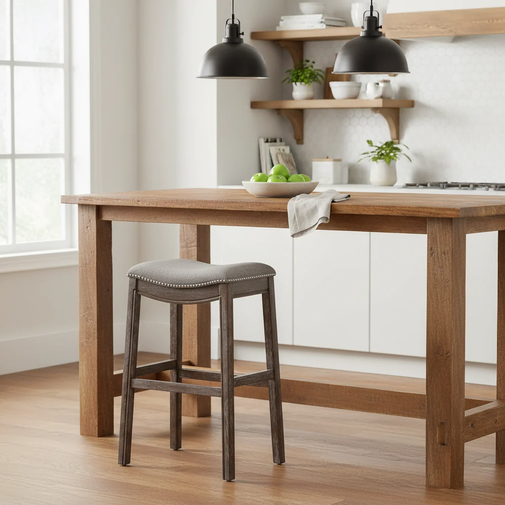 Saddle-Seat Wood Bar Stool with Upholstered Seat, Nailhead Trim