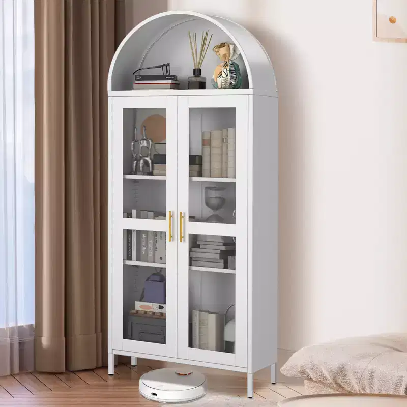 73 Arched Metal Storage Cabinet, Kitchen Pantry Cabinet with Glass Doors, Freestanding Display Cabinet with 2 Adjustable Shelves