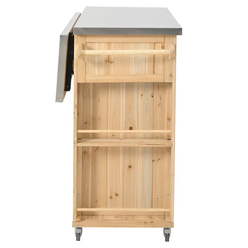 Outdoor Kitchen Island, Rustic Fir Wood with Stainless Steel Top and Smart Storage
