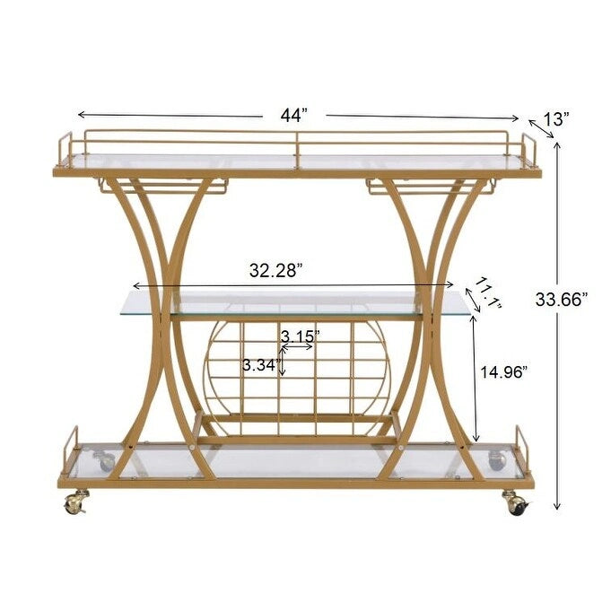 3-Tier Tempered Glass Rolling Bar Cart with Wine Rack and 16 Glass Holder