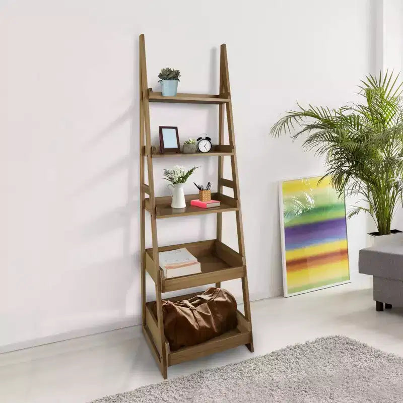 Flora Home 74 5 Shelf Ladder Bookcase Alpine Gray: Solid Wood, Open Back Design, Steel Hardware