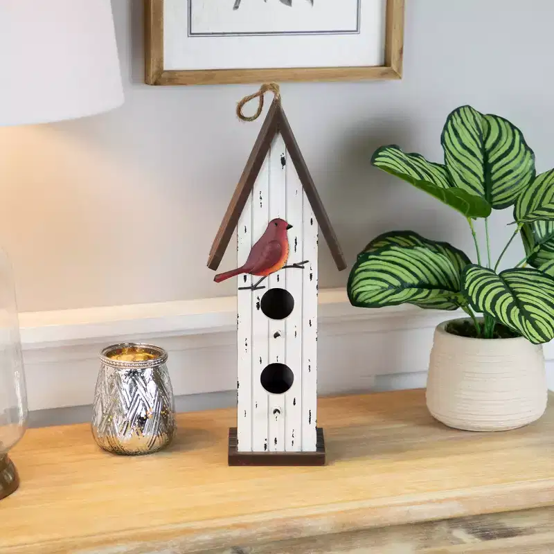 Northlight Wooden Birdhouse with Metal Bird Wall Decoration - 14.5 - Antique White