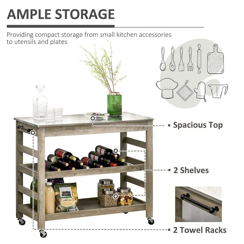 Grey Rolling Kitchen Cart with Stainless Steel Top Slotted Shelf and Towel Bar