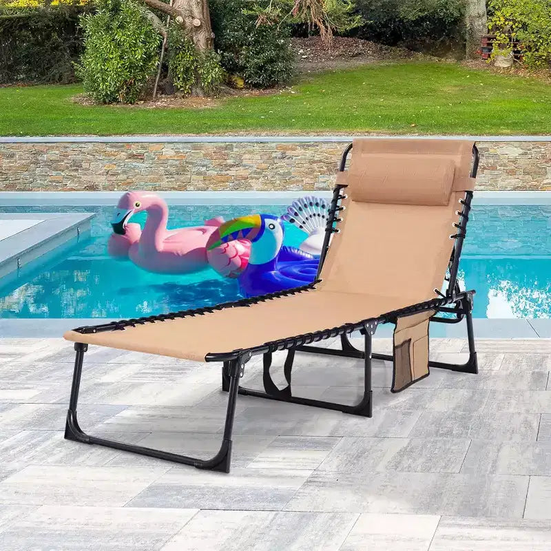 Summit Adventure 400lb Heavy-Duty Folding Chaise Lounge - Adjustable Recliner with Pillow for Patio, Pool & Camping (Beige)