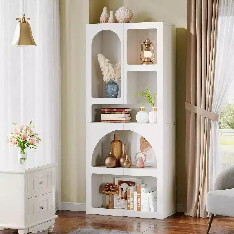 Lantine 70.87-Inch Tall Geometric Bookshelf, White Arched Bookcase with 5 Irregular Storage Shelves for Living Room, Bedroom, Closet
