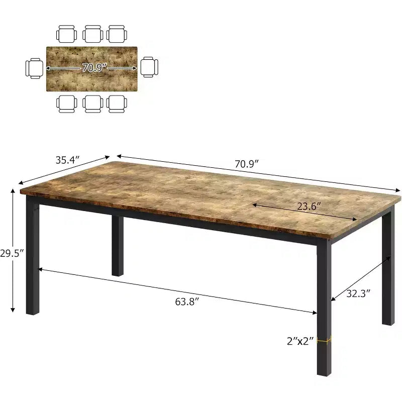 70.8 Inch Industrial Dining Table for 6-8 People, Wooden Dining Table with Metal Legs & Load Bars