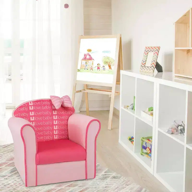 Costway Kids Cute Pink Bow Sofa Children Couch Toddler Upholstered Armchair Solid Wood