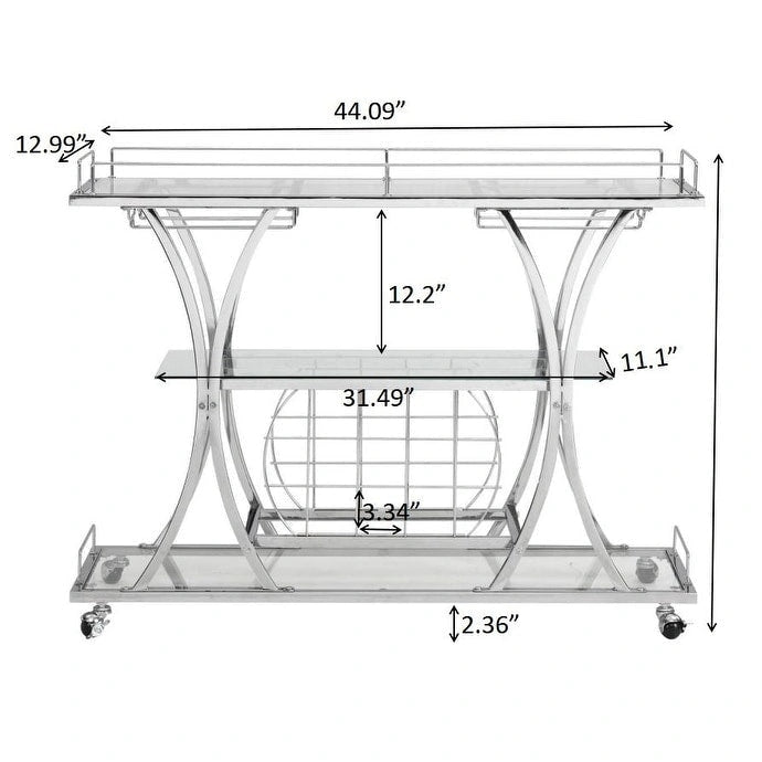 3-Tier Tempered Glass Rolling Bar Cart with Wine Rack and 16 Glass Holder
