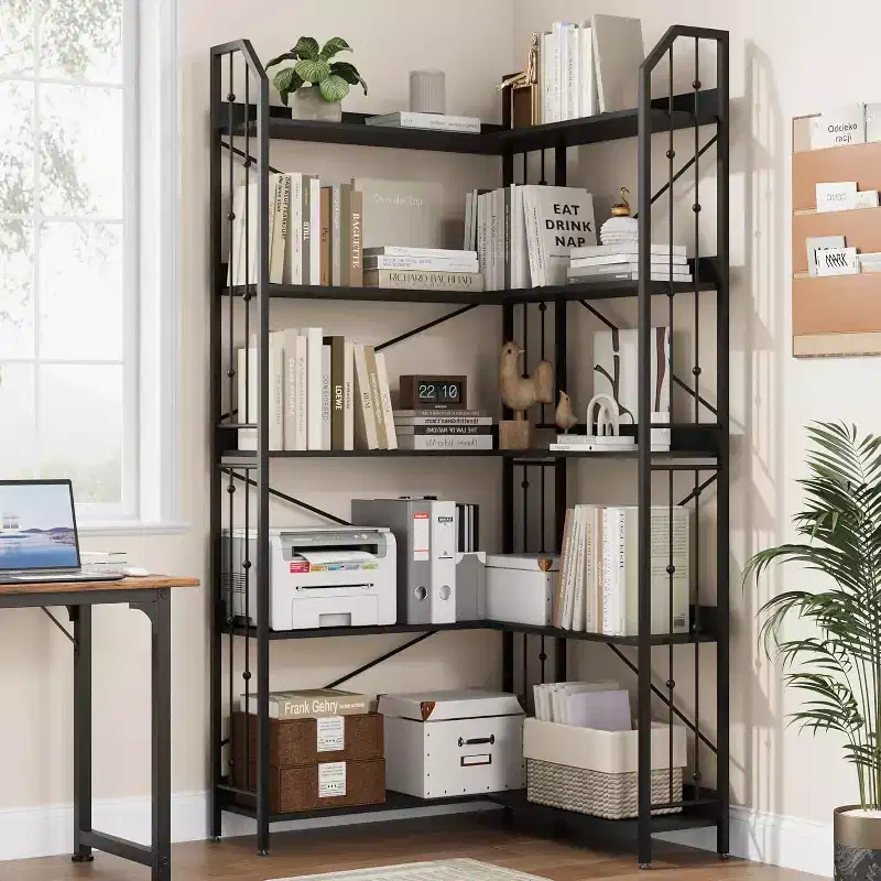 Corner L-Shaped Bookshelf, Industrial-Style Corner Shelving Five-Tier L-Shaped Bookshelf with Bead-Decor Design Suitable for Living Rooms