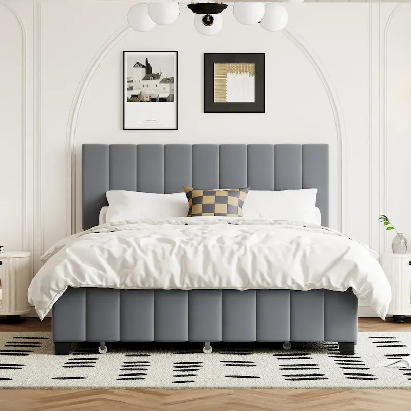 Queen Size Upholstered Platform Bed with Trundle & Storage Drawers