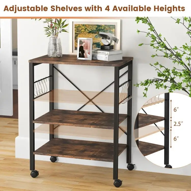 Rustic Brown 3-Tier Rolling Baker's Rack Microwave Cart with S-Hooks