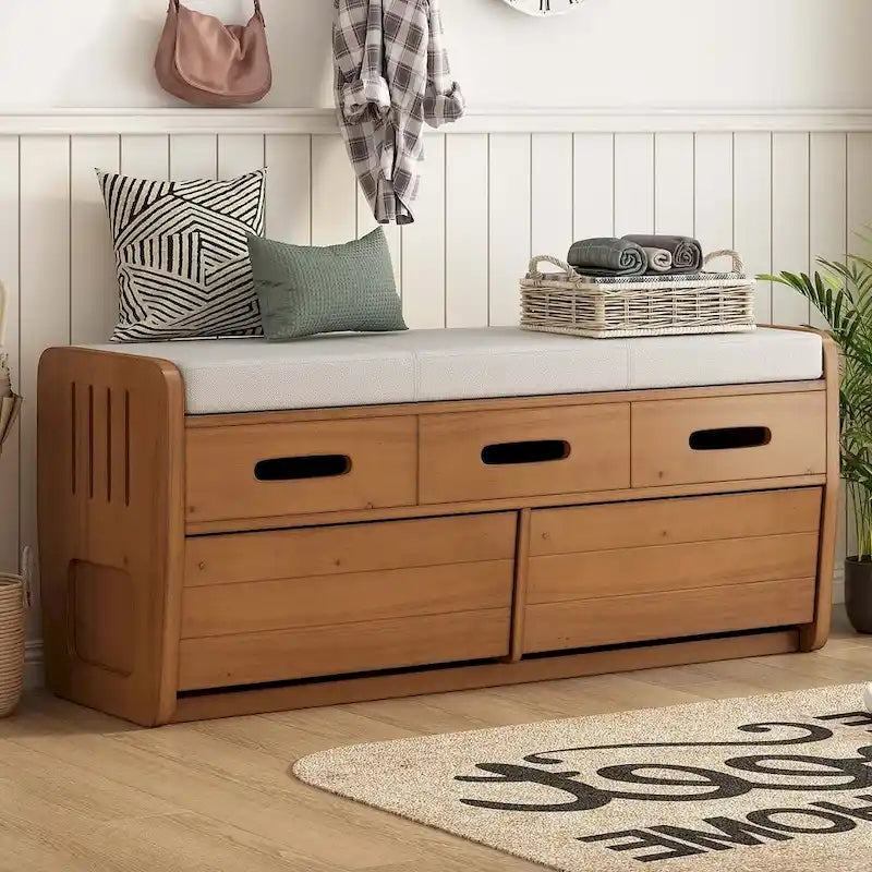 43-Inch Farmhouse Acacia Wood Upholstered Storage Bench with 5 Drawers