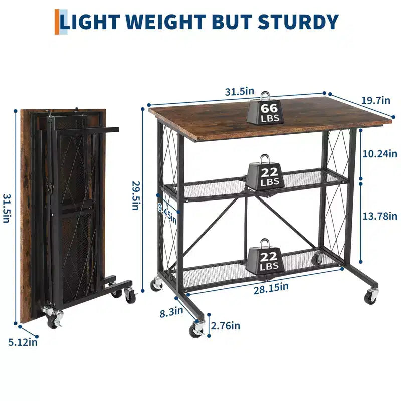 31.5'' Foldable Desk with Wheels, 3 Tier Mobile Computer Desk with Open Shelves, No-Assembly Wooden Writing Work for Office Bedroom Living Room