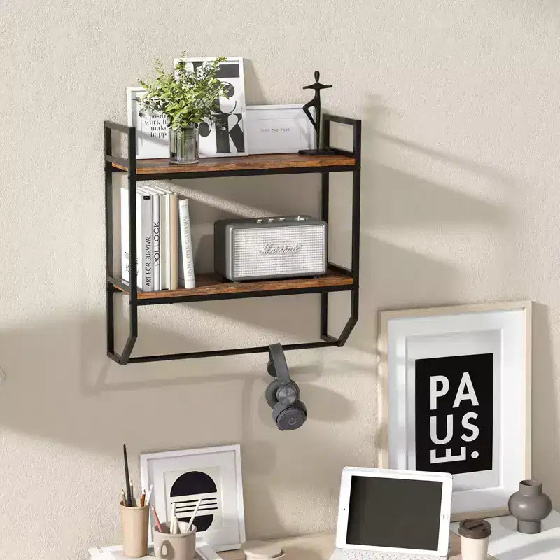 Costway 2-Tier Floating Shelving Wall-Mounted Shelf with Hanging Rod Expansion Screws & Metal Frame