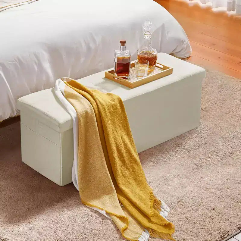 Foldable Storage Ottoman Bench, End of Bed Bench with Side Bags, Folding Upholstered Storage Chest Supports 660 lbs, Linen Bed Ottoman, Beige