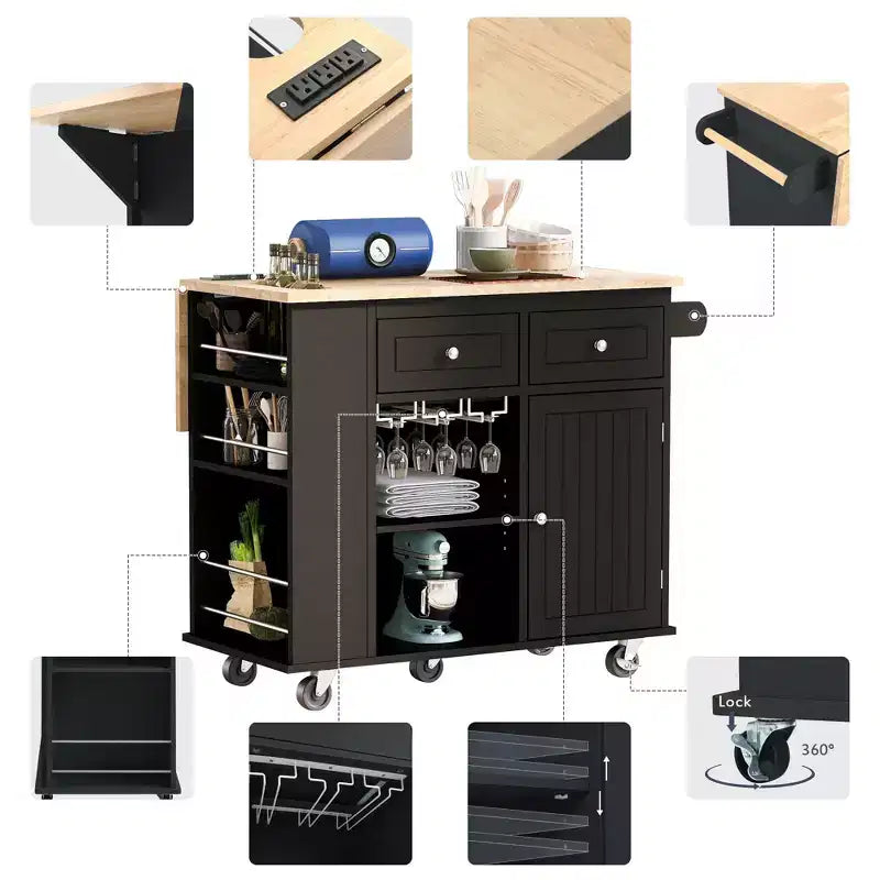 Rolling Kitchen Island with Drop Leaf and Power Outlet