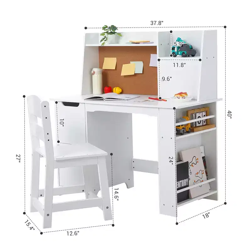 CuisinSmart Kids Desk and Chair Set, Wooden Study Table with Storage Shelf, Bulletin Board for Children 3-8