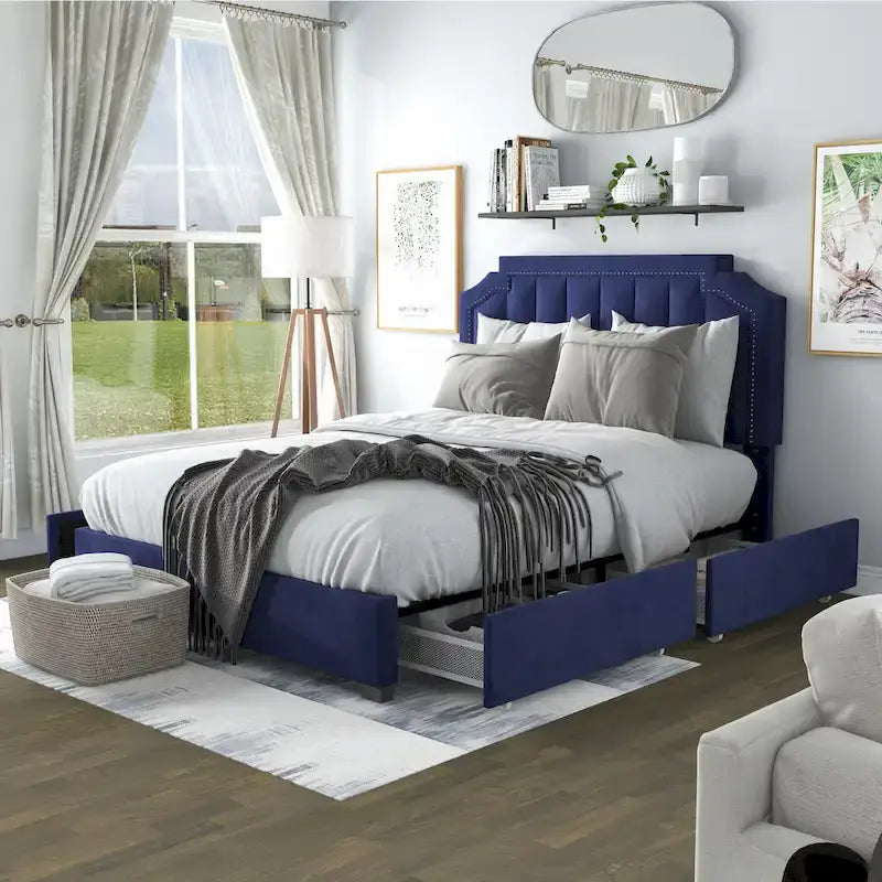 Art Deco Upholstered Platform Storage Bed with 4 Drawers, Queen Size
