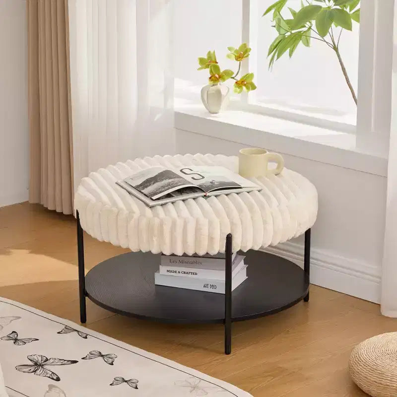 2-Tier Round Faux Fur Ottoman with Storage Shelf
