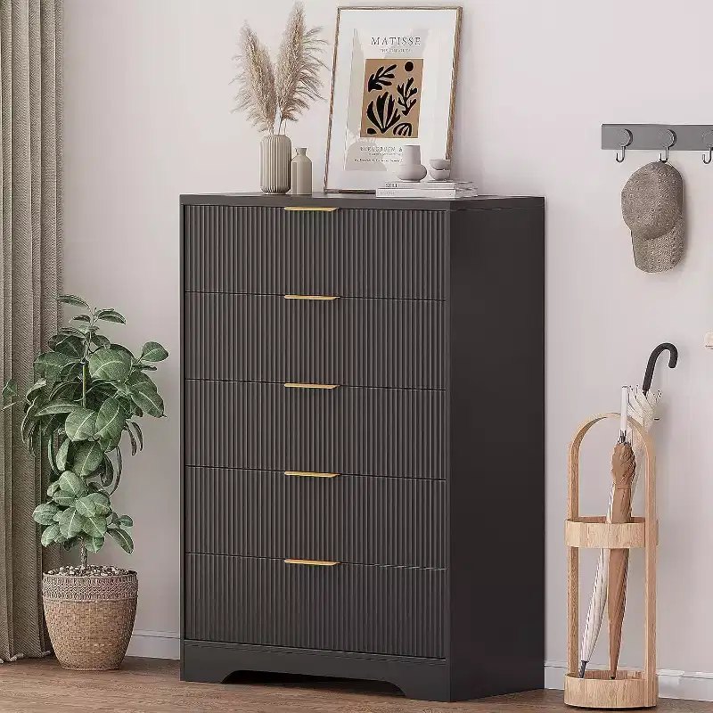 47 Inch Tall Fluted 5-Drawer Dresser with Gold Handles, Wood Tone Finish Storage Cabinet for Bedroom Closet and Entryway, Multi-Use Organizer