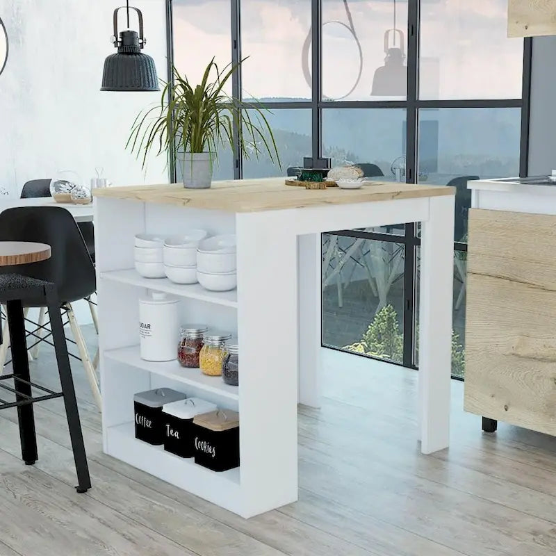 White and Pine Kitchen Island with 3-Tier Open Shelves and Breakfast Bar Height Top