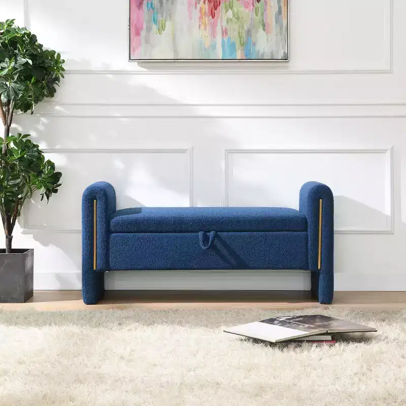 Modern Bed End Bench with Arms and Storage, Upholstered Large Foot Rest Stool, Comfy Window Vanity Bench for Living Room, Navy Blue