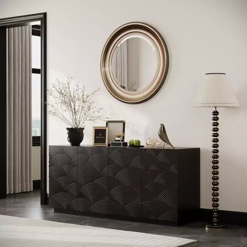 60 Modern Black Sideboard Buffet Cabinet & TV Stand, Low Profile Media Console with Textured Scalloped Doors - Panipeachy