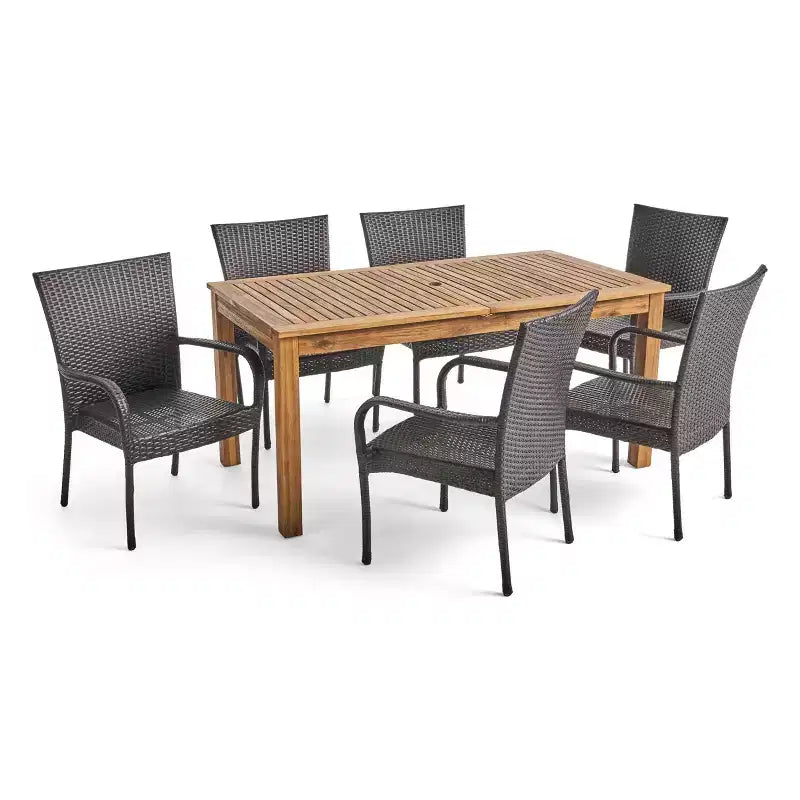 Hayes 7pc Wood & Wicker Expandable Dining Set: Acacia Frame, PE Rattan - Christopher Knight Home