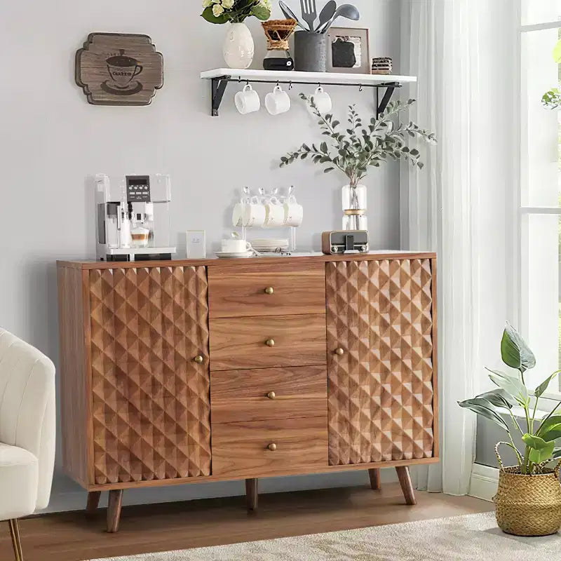 47.2 W Sideboard Buffets Cabinet with 4 Drawers, Buffets Cabinet with Storage, Wood Farmhouse, Buffet Cabinets with Storage 2 Door for Living Room