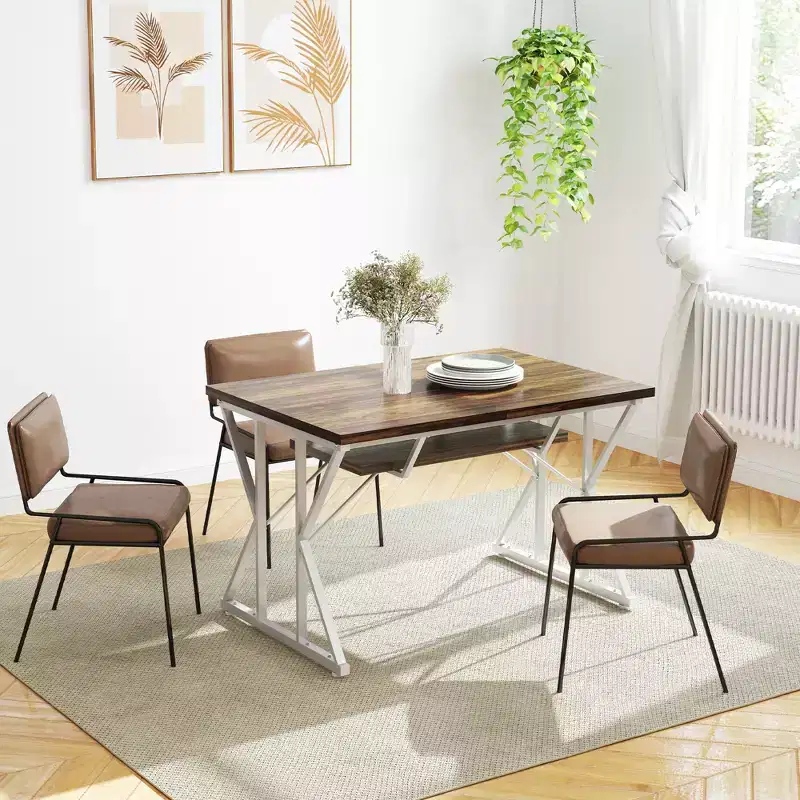 63-47 Expandable Dining Table for 4-6 People, Farmhouse Extendable Dining Room Table with Trestle Base, Kitchen Table