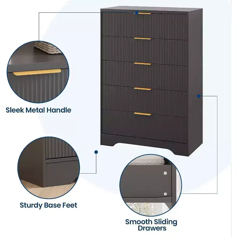 Acekool 5-Drawer Fluted Dresser, Modern Tall Chest with Gold Metal Handles, Storage Organizer Cabinet for Bedroom, Closet, Entryway, Living Room