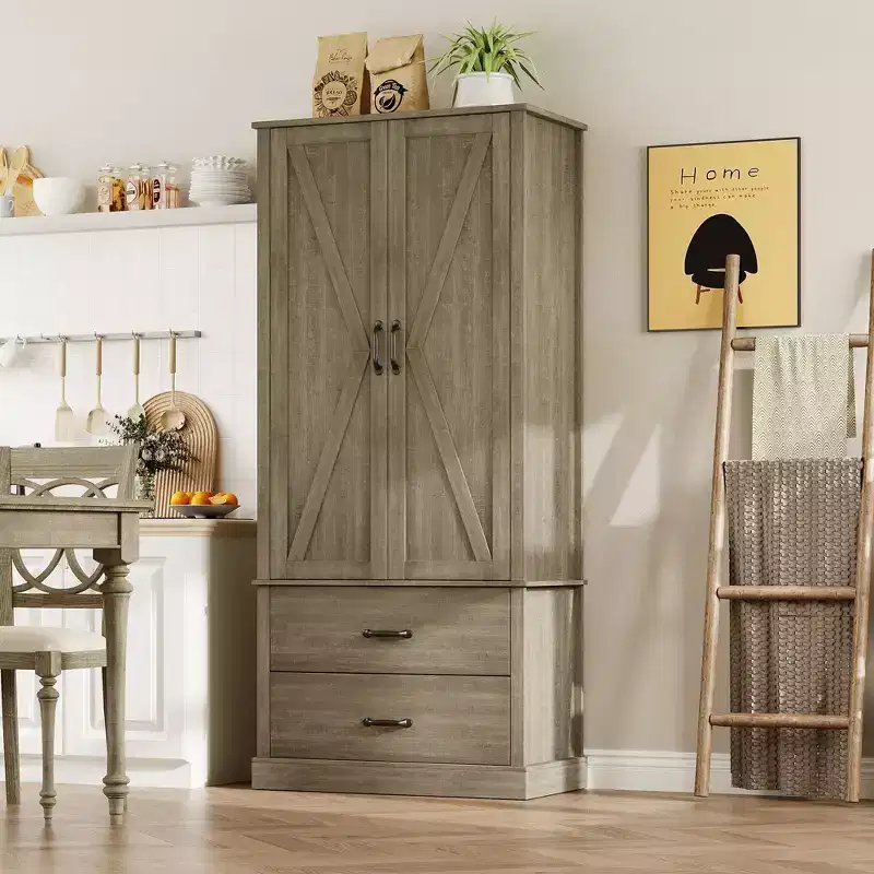 Farmhouse Pantry Cabinet with 2 Drawers, Barn Doors and Adjustable Shelves