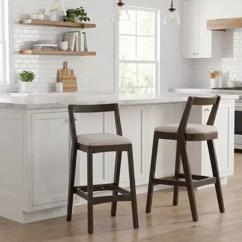 Set of 2 Modern Wooden Bar Stools with Curved Back, Beige Upholstered Seat, 30 Seat Height Stools for Kitchen Island or Home Bar-Panipeachy