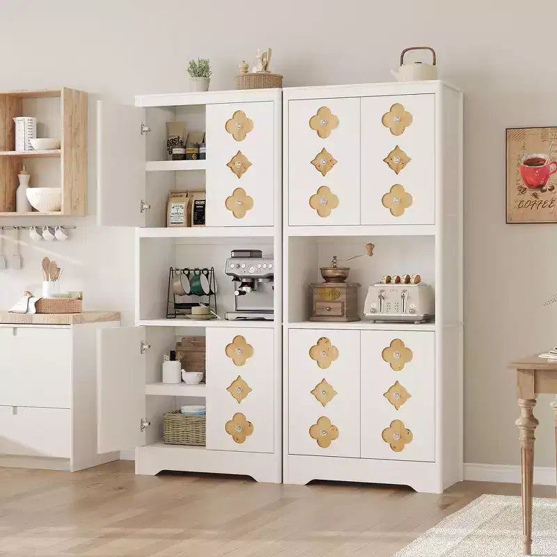 72 Tall Pantry Cabinet, Kitchen Hutch Storage Cabinet with Countertop for Microwave, Freestanding Wooden Cupboard with Floral-Carved Door