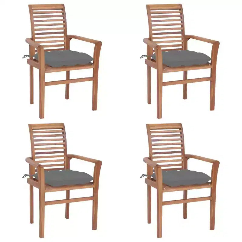 vidaXL Solid Teak Wood Dining Chairs - Set of 4 with Gray Cushions, Comfortable Design, Ideal for Patio, Garden or Dining Room, Stackable for Storage
