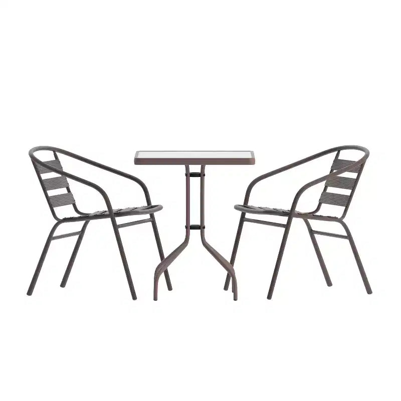 Emma and Oliver 23.5'' Square Glass Top Metal Table with 2 Aluminum Slat Stack Chairs
