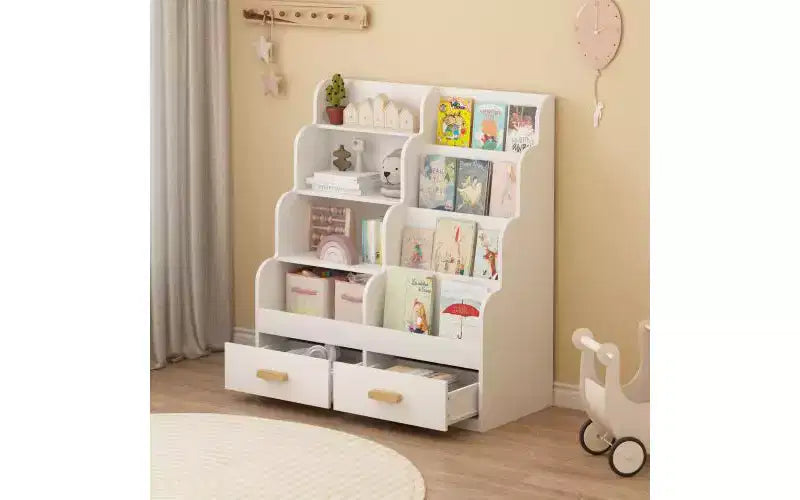 Kids Bookshelf with 2 Storage Drawers, Front-Facing Bookcase and Toy Organizer, White