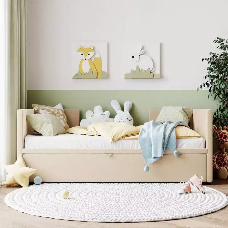 Upholstered Daybed with Pop up Trundle, Wooden Twin Daybed Frame with Extendable Trundle, Tufted Sofa Bed Daybed
