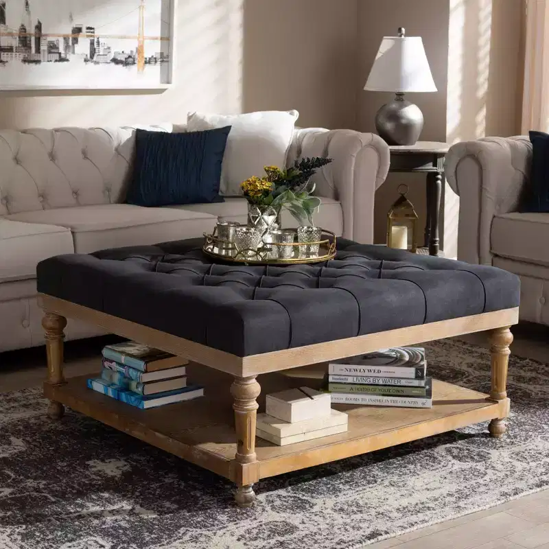 Linen Fabric Upholstered Wood Cocktail Ottoman