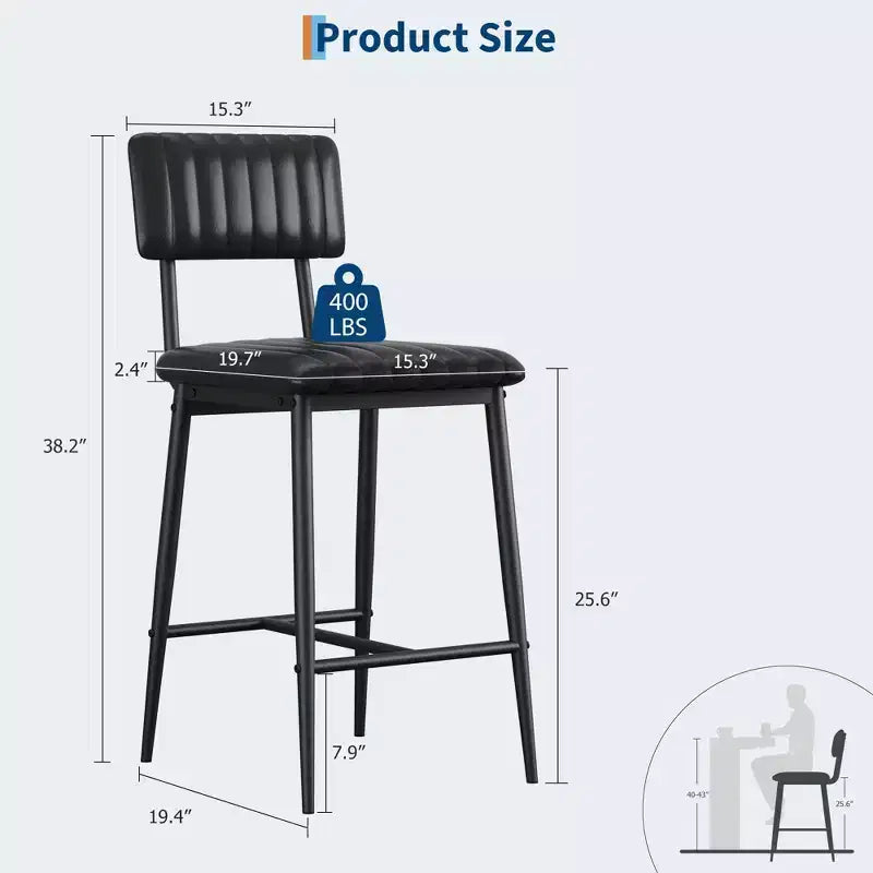 Set of 2 Counter-Height Bar Stools - 400LBS Heavy-Duty, Ergonomic PU Leather Thick Cushion with Backrest & Footrest,for Kitchen Island/Home Bar