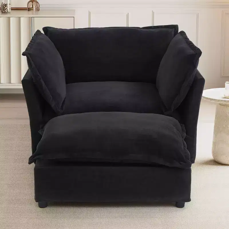 MAYEERTY Modern Armchair Sofa 47 Upholstered Sofa with Movable Ottoman Wide Seat Soft Pillows for Living Room Black