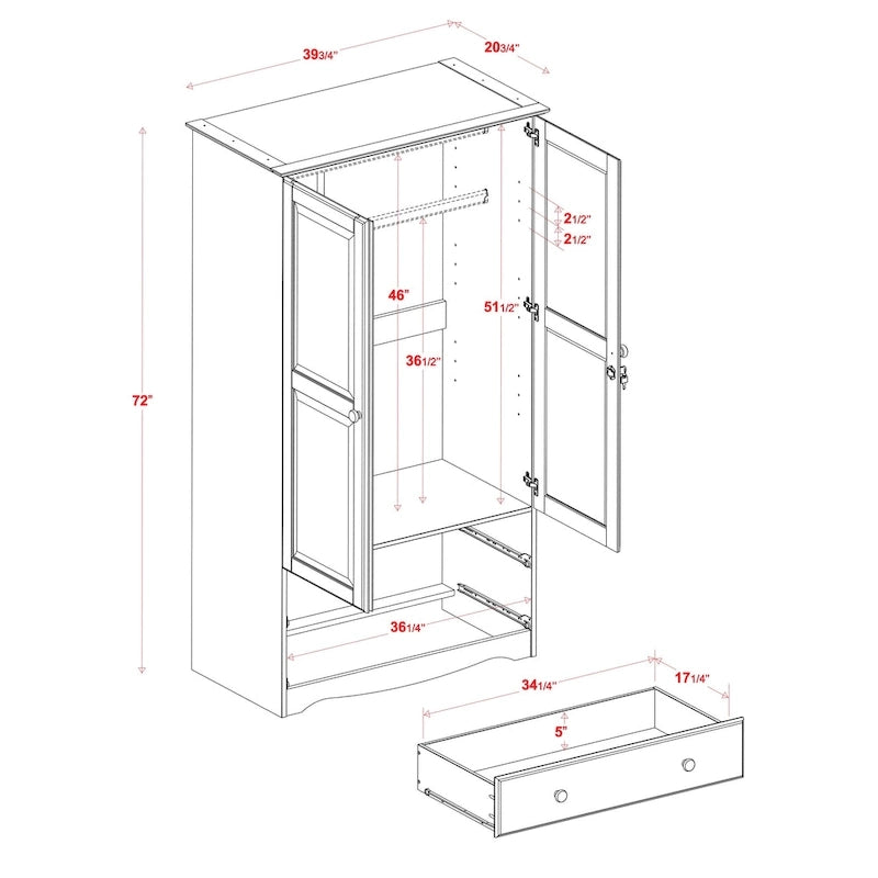 100% solid wood smart wardrobe with 2 drawers and metal or wooden handles.